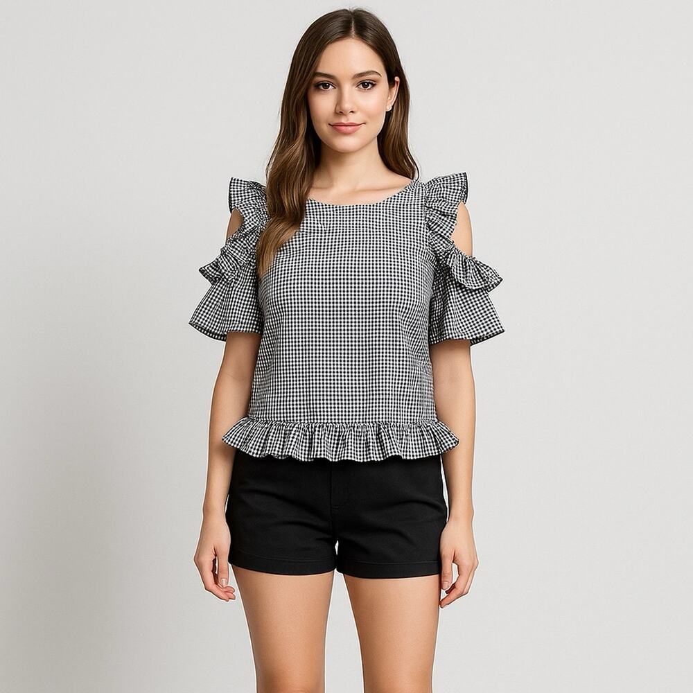 LF Gingham Checkered Cold Shoulder Top Ruffled